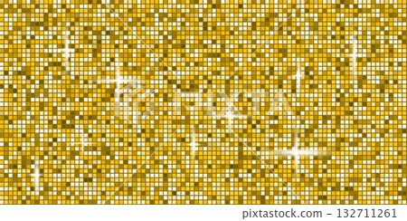 Disco ball mosaic background with gold mirror glitter texture. Shiny yellow tones sequin pattern. Festive fashion decoration. Glam sparkle Christmas wall. Vector illustration 132711261