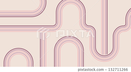Groovy rainbow purple lines background. Wavy stripes vintage colors cover. Playful squiggle wave arch wall design. Vector retro beige wiggle ornament 132711266