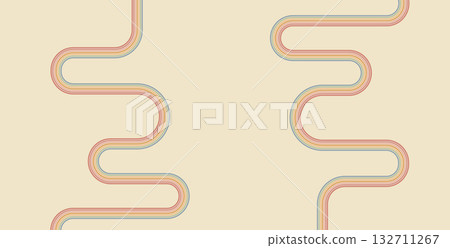 Groovy rainbow classic pipe lines background. Wavy stripes vintage colors cover. Playful squiggle wave arch wall design. Vector retro beige wiggle ornament 132711267