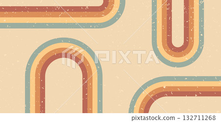 Retro rainbow lines path background. Horizontal banner with arch boho stripes abstract pattern. Vector vintage curved underline geometric backdrop. Dynamic curved playful wallpaper 132711268