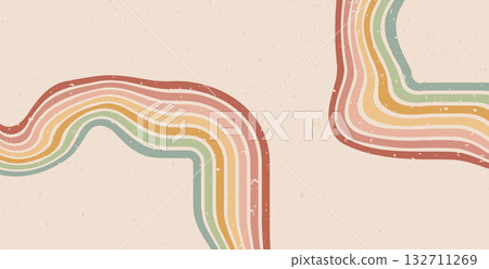 Retro groovy wiggle lines background. 70s wave path abstract pattern wallpaper. Vector horizontal wide wavy vintage stripes design. Pop art backdrop. Funky banner with playful striped ornament 132711269