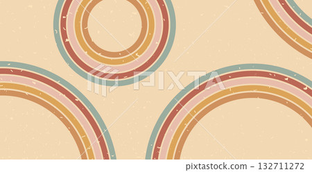 Boho rainbow rounded lines noise textured background. Wide banner with colorful oval stripes abstract pattern. Vector vintage curved underline geometric backdrop. Dynamic playful wallpaper Boho rainbow rounded lines noise textured background. Wide banner with colorful oval stripes abstract pattern. Vector vintage curved underline geometric backdrop. Dynamic playful wallpaper 132711272