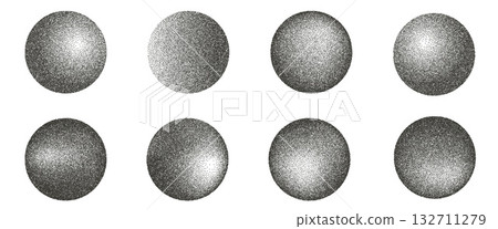 Grain noise vintage round forms set. Grunge dotwork gradient circles. Black geometric shapes of dots texture. Circular sand diffuse effect callouts. Vector halftone illustration on white background. 132711279
