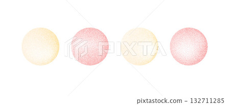 Red and yellow gradient noise round element set. Powder dotwork gradation circles. Pastel pink and golden textured shapes. Kids geometric sand diffuse effect callouts. Vector paint spray icons 132711285