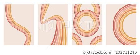 Groovy rainbow lines and circles background. Wavy stripes vintage colors covers. Playful wave arch wall designs. Vector retro beige wiggle decoration ornament. Horizontal yellow noise cover 132711289