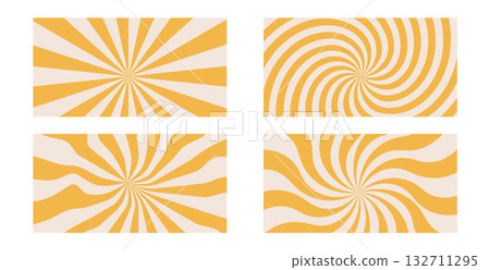 Groovy swirl starburst backgrounds set. Retro spiral yellow sun rays abstract collection of illustrations. Vector radial carnival stripes vintage backdrops. Sunburst 70s pop art wide design 132711295