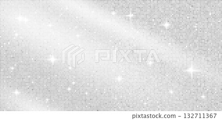 Disco ball silver mosaic background mirror glitter texture. Shiny white tones sequin pattern. Festive winter fashion folded fabric decoration. Glam grey sparkle Christmas wall. Vector illustration 132711367