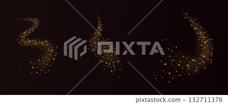 Golden glitter dust with sparkling curved lines on dark night sky set. Shimmer spray effect for festive celebration collection. Bright stardust and light powder texture. Vector background illustration 132711376