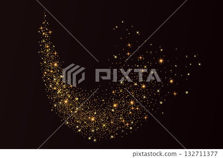 Magic gold dust wavy line. Golden blinks and glitter swoosh. Shimmer spray effect. Shiny confetti, stardust light line texture. Festive particles wave isolated on dark background. Vector illustration Magic gold dust wavy line. Golden blinks and glitter swoosh. Shimmer spray effect. Shiny confetti, stardust light line texture. Festive particles wave isolated on dark background. Vector illustration 132711377