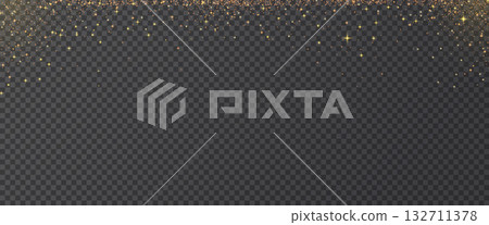 Golden glitter simple background. Shimmer spray effect for birthday celebration banners. Shiny confetti, stardust light powder texture. Festive particles on dark background. Vector illustration 132711378