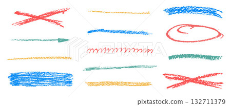 Underline crayon drawn set. Pencil brush stroke lines. Hand drawn kid textured straight stripe, emphasis freehand elements. Arrow, scribble colorfull highlights. Vector crayon painted divider isolated 132711379