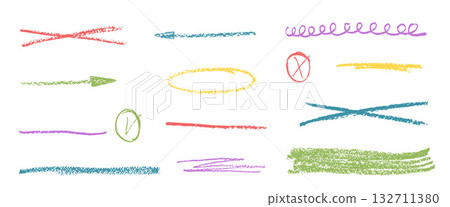 Multi colors underline crayons elements. Line vivid graphite pencil brush stroke textured. Wax chalk strikethrough marks set. Hand pen drawn highlight and emphasis. Vector scribble dividers 132711380