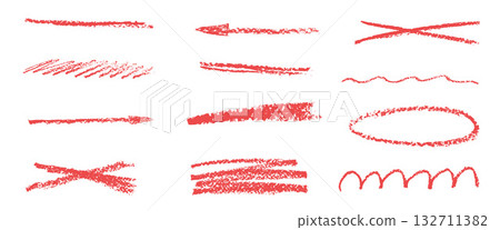 Red color underline crayon set. Pencil brushstroke strikethrough lines. Hand drawn textured emphasis freehand, streak elements. Chalk arrow, scribble highlights. Vector crayon text marks 132711382
