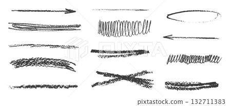 Black ink paint crayon text underlines. Brush stroke pencil freehand dividers lines set. Handwritten textured cross, oval, streak, emphasis elements. Scribble rough arrow, highlights. Vector text mark 132711383