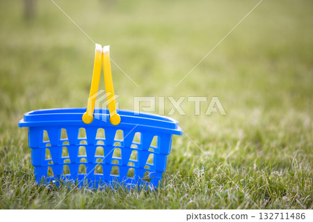 Bright plastic colorful basket outdoors in green grass on sunny summer day. 132711486
