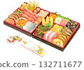 Watercolor illustration of New Year's dishes and horse celebratory chopsticks Watercolor illustration of New Year's dishes and horse celebratory chopsticks 132711677