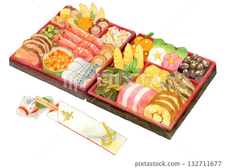 Watercolor illustration of New Year's dishes and horse celebratory chopsticks Watercolor illustration of New Year's dishes and horse celebratory chopsticks 132711677