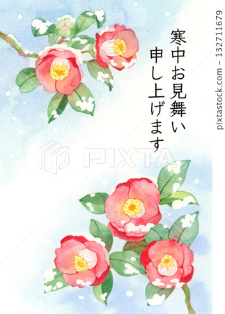 Winter greeting card template with watercolor illustrations of snow and camellias Winter greeting card template with watercolor illustrations of snow and camellias 132711679