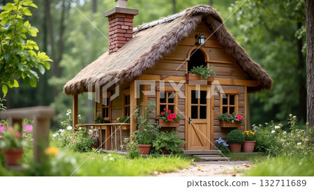 Enchanting wooden cottage with a thatched roof surrounded by vibrant flowers and greenery in a serene forest garden. Concept of playhouse for kids 132711689