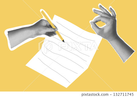 Halftone Collage Hand yellow background ok sign Problem analysis. Stock market statistics chart. Finance business data graph. Find solution or answer to cause or incident. 132711745