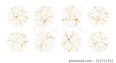 Golden cracks effect in japanese kintsugi art mosaic style. Luxury marble stone. Broken porcelain gold fissures. Marble texture. Luxury design for wall art, wallpaper, wedding card, social media. 132711752