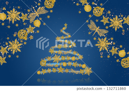 Christmas blue background with Christmas tree decorations with a golden snowflake, star and ball and golden lights. New Year and Christmas card. Christmas blue background with Christmas tree decorations with a golden snowflake, star and ball and golden lights. New Year and Christmas card. 132711860