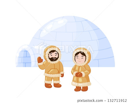 Inuit People in Traditional Clothes with Igloo 132711912