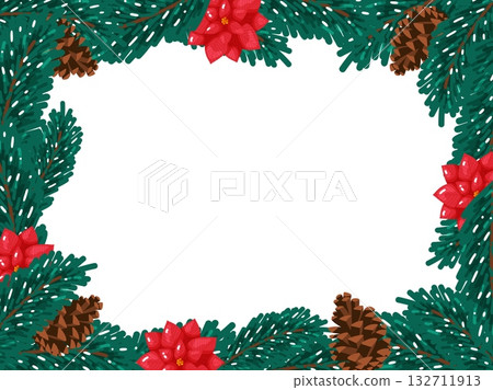 Christmas Pine Border with Poinsettias and Cones Christmas Pine Border with Poinsettias and Cones 132711913