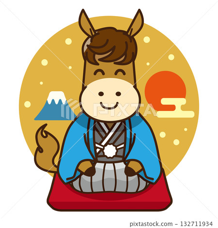 一幅雄馬身著傳統日式服裝慶祝新年的插圖（新年賀卡，日式設計） 132711934