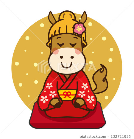 Illustration of a female horse celebrating the New Year in traditional Japanese clothing (New Year's, Japanese-style design) 132711935