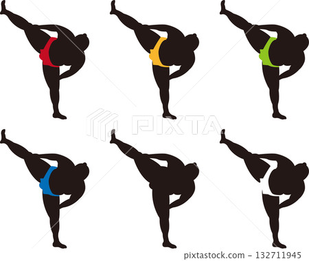 Silhouette set of sumo wrestlers raising one leg in stomp 132711945
