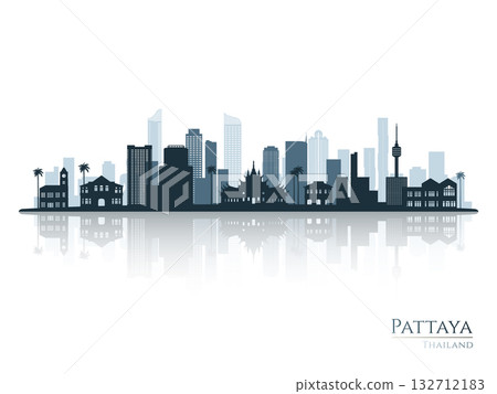 Pattaya skyline silhouette with reflection. 132712183