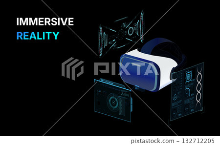 Advanced virtual reality setup features a headset alongside various interactive screens for an engaging experience in immersive technology Advanced virtual reality setup features a headset alongside various interactive screens for an engaging experience in immersive technology 132712205