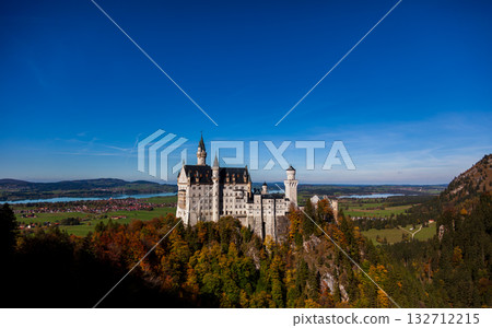 The magnificent view of Neuschwanstein Castle in the autumn morning light 132712215