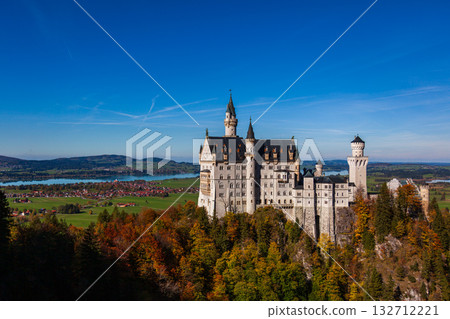 The magnificent view of Neuschwanstein Castle in the autumn morning light 132712221