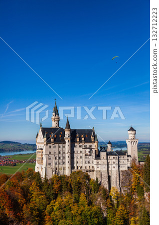 The magnificent view of Neuschwanstein Castle in the autumn morning light 132712223