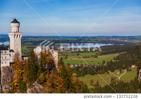 The magnificent view of Neuschwanstein Castle in the autumn morning light 132712226