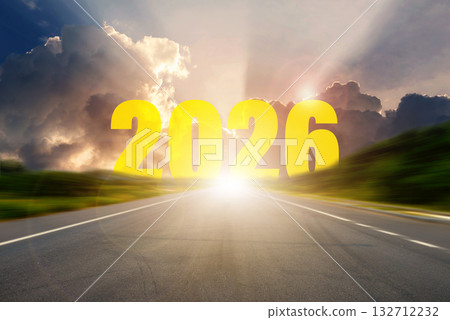 Bright sunrise over an open road with bold 2026 numbers symbolizing new beginnings, future goals, and hope for the year ahead. Bright sunrise over an open road with bold 2026 numbers symbolizing new beginnings, future goals, and hope for the year ahead. 132712232