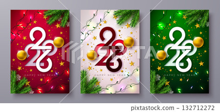 2026 Happy New Year Greeting Card Clipart Set Design with Cut Out Typography Number, Golden Christmas Ball and Light Garland on Red, White and Green Background. Holiday Illustration with Christmas 132712272