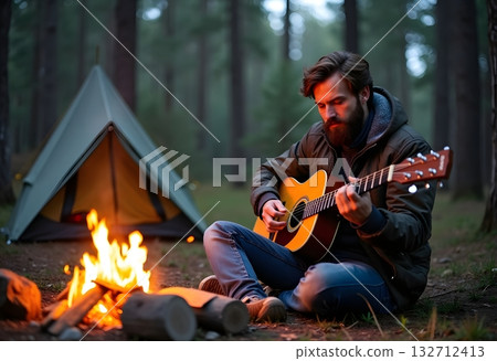 A person relaxing while sitting next to a campfire on a beach, playing a guitar A person relaxing while sitting next to a campfire on a beach, playing a guitar 132712413