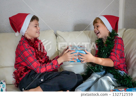 Boy Giving Christmas Gift to Brother on Sofa Both Smiling 132712559