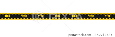 Black and yellow warning tape with STOP text. Caution stripe illustration. Police barricade sign. Safety border for attention or danger zone design. Vector realistic stripe template Black and yellow warning tape with STOP text. Caution stripe illustration. Police barricade sign. Safety border for attention or danger zone design. Vector realistic stripe template 132712583
