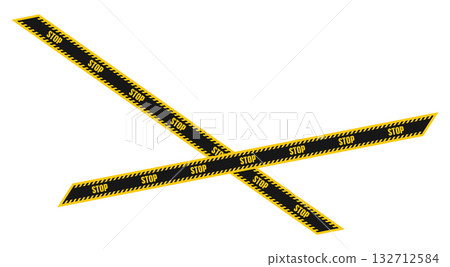 Yellow and black stop tape barrier illustration. Caution warning ribbon for danger zone, restricted area, police line, safety sign, construction site, or security alert design. 132712584