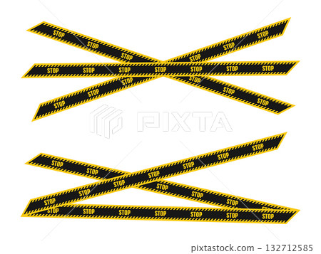 Realistic yellow and black stop tape set. Caution barrier ribbons with warning text STOP isolated. Vector illustration for security, danger zone, police, and restricted area design 132712585