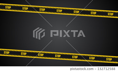 Yellow and black STOP warning tape on dark background. Horizontal caution ribbon for danger, police, or construction zone. Realistic design for alert, restriction, or security concept Yellow and black STOP warning tape on dark background. Horizontal caution ribbon for danger, police, or construction zone. Realistic design for alert, restriction, or security concept 132712588