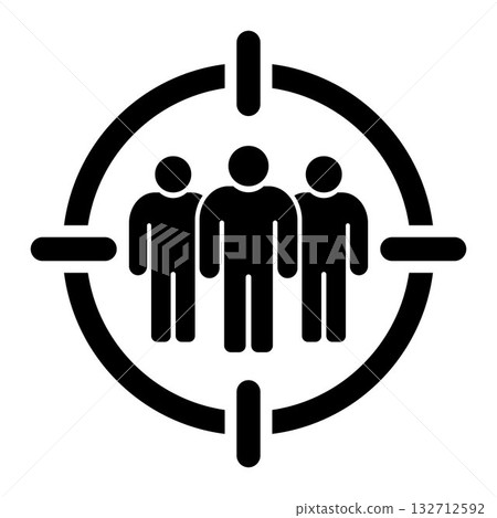 Target audience concept. Black icon of three people inside a focus circle. Symbol of marketing, customer, business, team, and strategy. Simple flat design 132712592