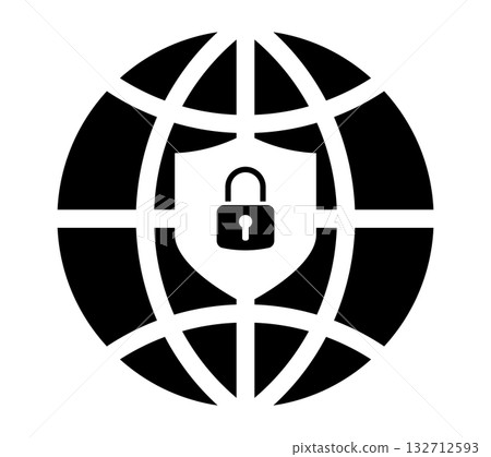 Global internet security icon with shield and padlock symbol. Concept of online protection, data privacy, cyber safety, secure network, and digital encryption. Illustration for technology design 132712593