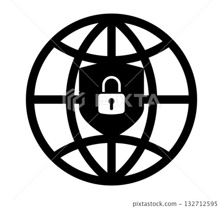 Global internet security icon with shield and padlock. Symbol of online protection, data privacy, cybersecurity, safe network, and digital encryption. Vector illustration for technology and web design Global internet security icon with shield and padlock. Symbol of online protection, data privacy, cybersecurity, safe network, and digital encryption. Vector illustration for technology and web design 132712595