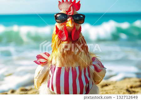 Chicken wearing sunglasses and a striped shirt stands on a beach 132712649