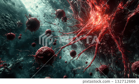 The image has a dark and ominous mood, with the red blobs appearing to be alive The image has a dark and ominous mood, with the red blobs appearing to be alive 132712666